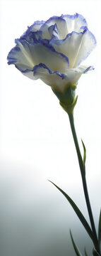 Single Alissa Blue Rim eustoma flower with a long stem on a clean white background, featuring soft white petals edged in lavender, delicate texture and elegant botanical beauty for floral design use