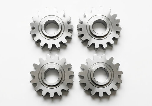 Four interlocking mechanical gears in a grid formation