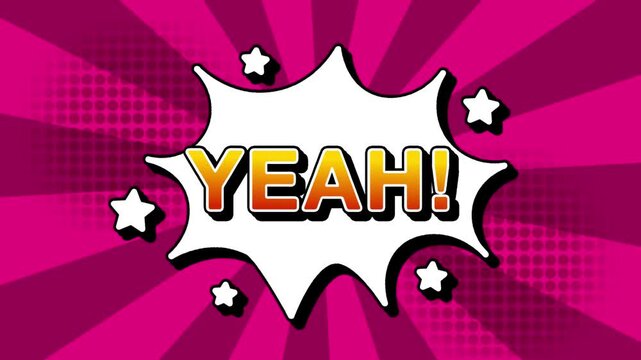 Yeah text word lettering popup comic cartoon reveal with bomb and smoke explosion manga anime book page dots with radial speed lines doodle pink background with seamless loop animation retro clip