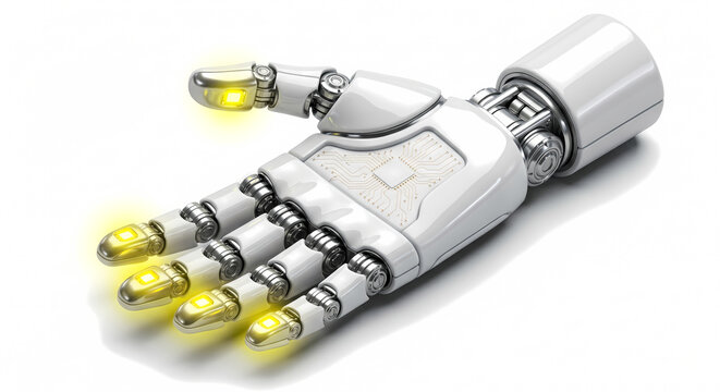 3D Isometric AI Robotics and Industrial Automation Icon Humanoid Robot Hand., Electric Yellow Glass Style, Sharp Shadows, Smart Factory Concept