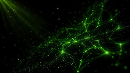 Obraz premium Abstract glowing green network of connections and particles on a dark background representing data flow and digital technology concept