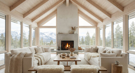 Naklejka premium A cozy living room with a fireplace and large windows overlooking a snowy mountain landscape.