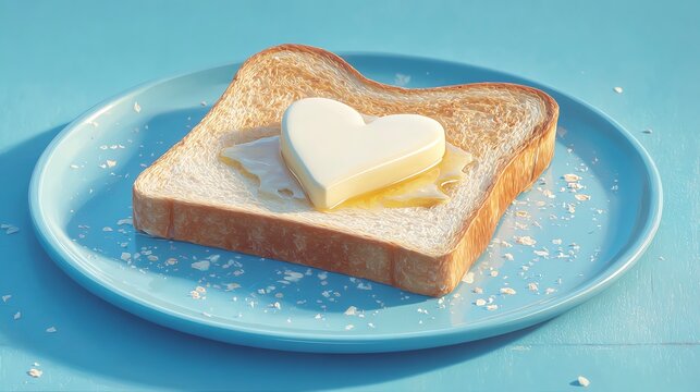 A slice of toast on blue plate with a heart shaped piece of butter on 