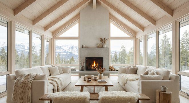 A cozy living room with a fireplace and large windows overlooking a snowy mountain landscape.