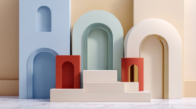 Minimalist three dimensional composition featuring layered arches and stacked geometric pedestals for display