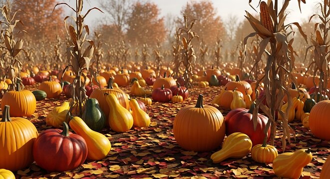Autumn pumpkin patch abundance harvest field with gourds and vegetation