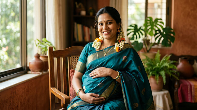 South Asian Pregnant Woman in Traditional Punjabi Phulkari Dupatta Salwar Kameez Bump Visible, Warm Natural Light, Authentic Regional Indian Maternity Portrait