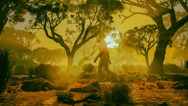 Prehistoric Human Evolution: CGI Australopithecus Specimen in Natural Habitat