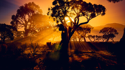 Ancient CGI World Landscape: Australopithecus and Atmospheric God Rays - Human Evolution © Onin
