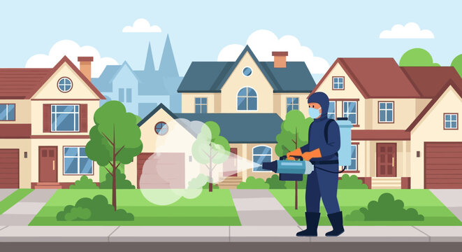 Man spraying lawn for pests outdoors.
