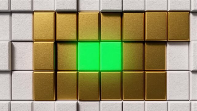 幾何学グリッドから構築される石灰岩と真鍮のパズルと緑色ピースの点火タイムラプス
