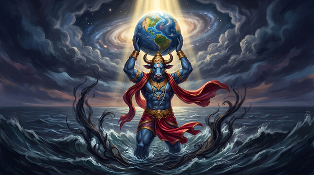 Lord Vishnu Varaha Avatar &ndash; Divine Boar Incarnation Lifting Earth from Cosmic Ocean