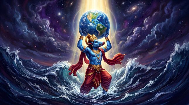 Lord Vishnu Varaha Avatar &ndash; Divine Boar Incarnation Lifting Earth from Cosmic Ocean