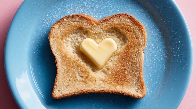 A slice of toast on blue plate with a heart shaped piece of butter on 