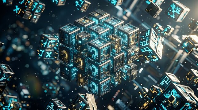 Abstract digital cube structure with glowing blue circuitry and data streams representing artificial intelligence and complex technology