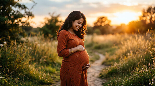 South Asian Pregnant Woman Outdoors in Golden Hour Light Soft Sunset Glow on Bump and Face, Simple Dress Hair Loose, Authentic Golden Pregnancy Portrait India
