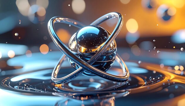 Abstract sphere with rings and liquid surface, futuristic design.