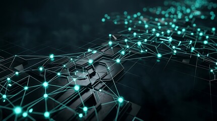 Obraz premium Abstract digital network connecting glowing nodes on a dark technological background representing data flow and connectivity