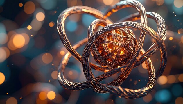 Abstract Twisted Copper Knot with Bokeh Lights Background.