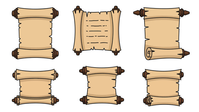 Collection of six vintage parchment scrolls with wooden rollers, isolated on a white background.