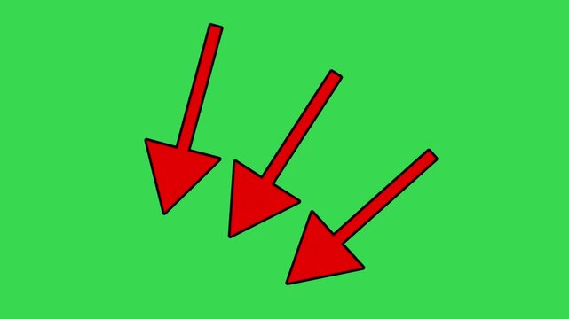 Animated Three Red Arrows Pointing Down with Bounce Effect - Green Screen Chroma Key	