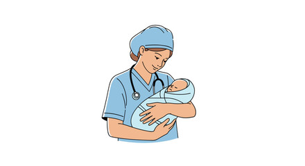 Fototapeta premium A smiling nurse in medical scrubs and cap cradles a newborn baby wrapped in a blanket, symbolizing care and the beginning of life.