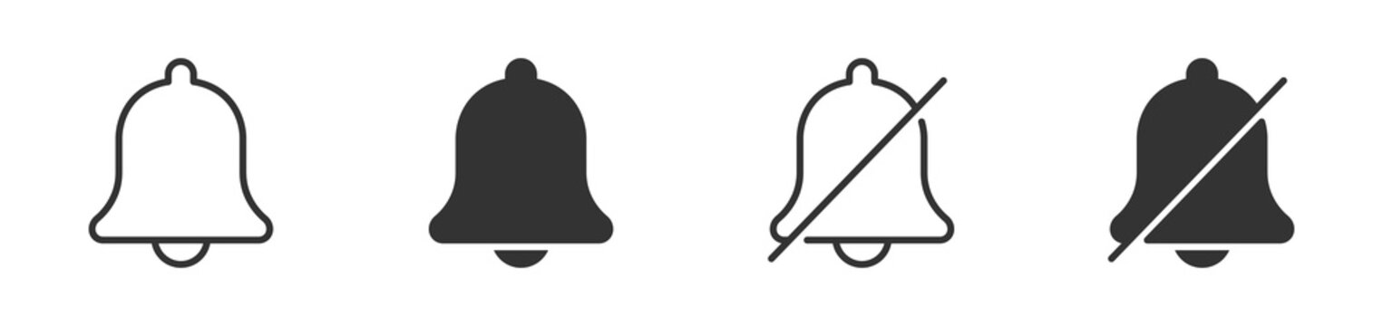 Notification bell icons set, Alert reminder symbols, Mute notification icons, App notification vector icons