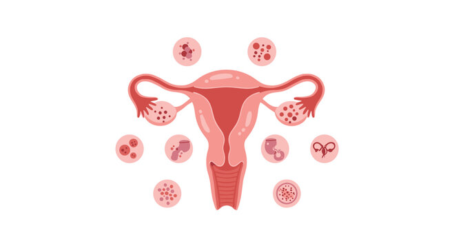 The human uterus is displayed centrally with eight circular icons detailing various cellular structures and anatomical variations on a clean light pink background.