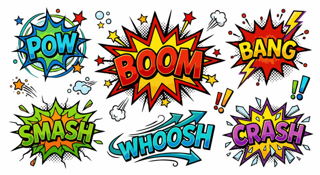 Retro Comic Book Sound Effect Sticker Set &mdash; Pow, Boom, Bang, Smash, Whoosh, Crash Colorful Pop Art Explosion Burst Elements