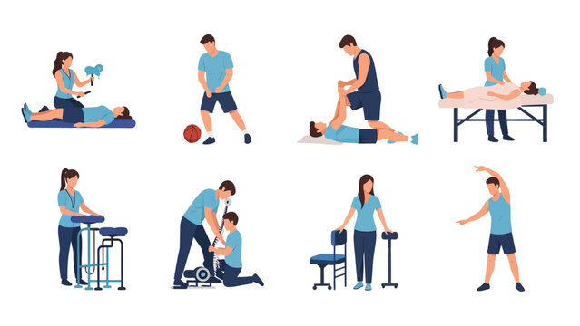 Collection of physiotherapy and rehabilitation exercises performed by male and female therapists with patients.
