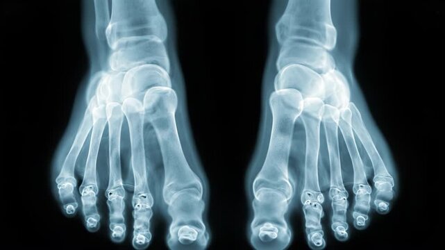 Anteroposterior X-ray image of both human feet displaying the skeletal anatomy including phalanges, metatarsals, and tarsal bones with a glowing blue effect on a dark background.
