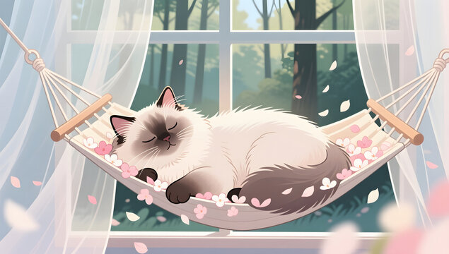 Healing pet illustration of a ragdoll cat napping on a hammock