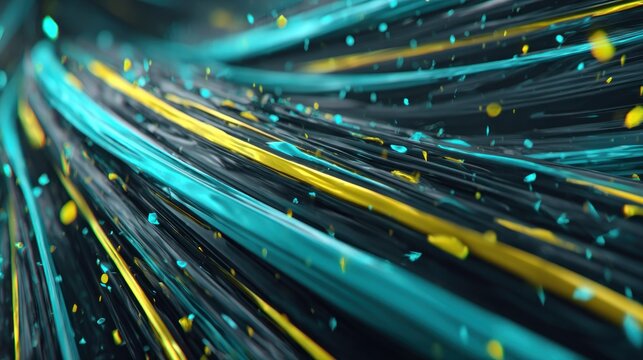 Dynamic flow of colorful, luminous strands against a dark background suggests digital data transmission.
