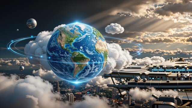 Celestial Orb in Azure Embrace: A breathtaking view of planet earth nestled amidst ethereal clouds, encircled by celestial rings, bathed in the soft glow of sunrays.