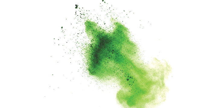 Green powder explosion or paint splash cloud with particles flying in the air