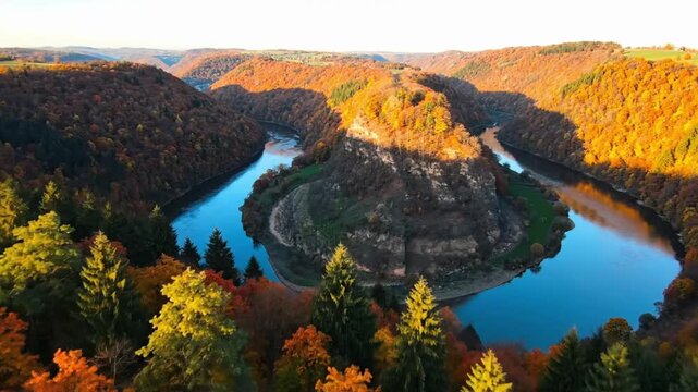 Colorful trees fill the autumn forest near Kastel S with vibrant shades and flowing rivers under clear skies