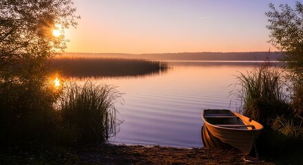 Obraz premium Tranquil lakeside sunrise with a wooden boat resting on the shore, golden sunlight reflecting on calm water and surrounded by soft reeds and trees, creating a peaceful and nostalgic atmosphere.