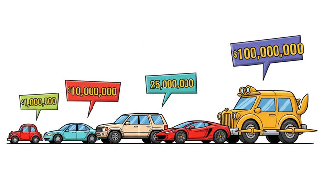 Cars of increasing value and size with price tags.