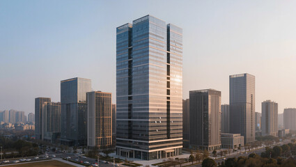 Naklejka premium Modern Glass Skyscraper cityscape with office buildings under clear sky