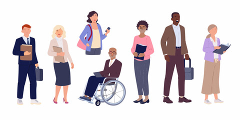 Fototapeta premium group of seven diverse business people including a person in a wheelchair vector illustration