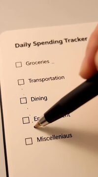 Close-up of a hand holding a pen to track daily spending on a tracker with checkboxes for groceries, transportation, dining, and miscellaneous in a neutral background.