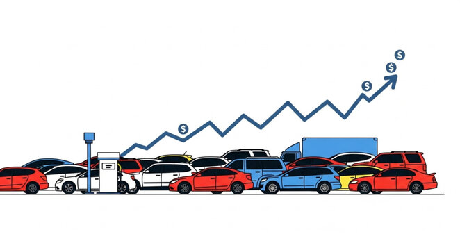 Car traffic jam with upward trending graph illustration.