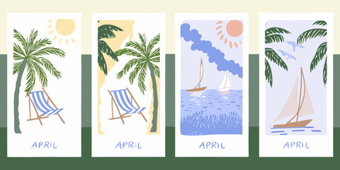 Obraz premium Four minimalist cards featuring palm trees beaches and sailboats in a decorative style high quality