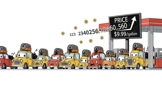 Cars lined up at gas station with rising price sign.