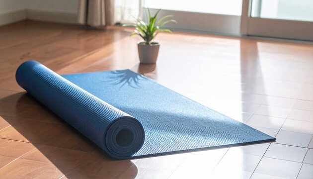 A blue yoga mat unrolled on a polished wooden floor in a sunlit room with a small potted plant.