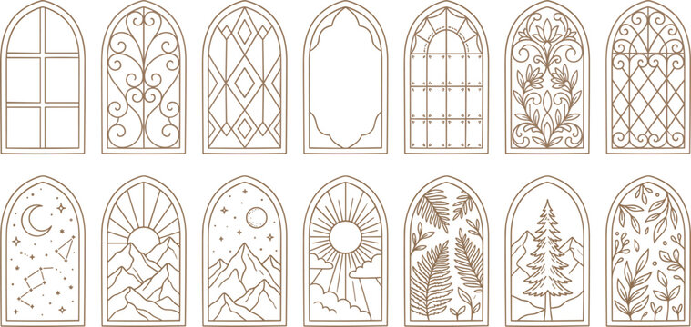Set of elegant arched window frames with floral geometric nature celestial and vintage decorative line art designs