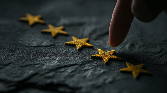 Customer hand rating five golden stars on textured dark stone background for quality service feedback