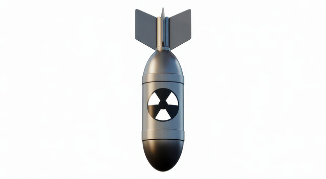 Metallic nuclear bomb with a radiation symbol isolated on a plain white background