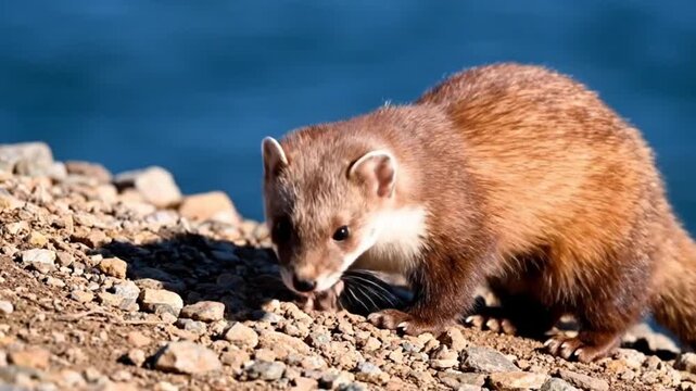 A small brown weasel walking on a rocky shore with blue water in the background