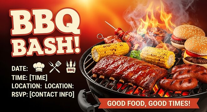 Bbq bash invitation with grilled food and flames on a black grill